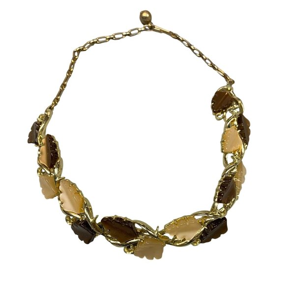 Vintage Thermoset Leaf Necklace Choker Gold Tone Brown Moonglow - Picture 2 of 5